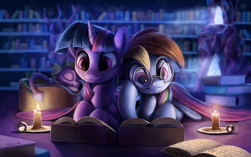 2018 ambiguous_gender book candle equine eyes_closed eyewear feral friendship_is_magic glasses group hi_res horn inside library mammal my_little_pony pegasus rainbow_dash_(mlp) scalie spike_(mlp) tsitra360 twilight_sparkle_(mlp) unicorn wings young