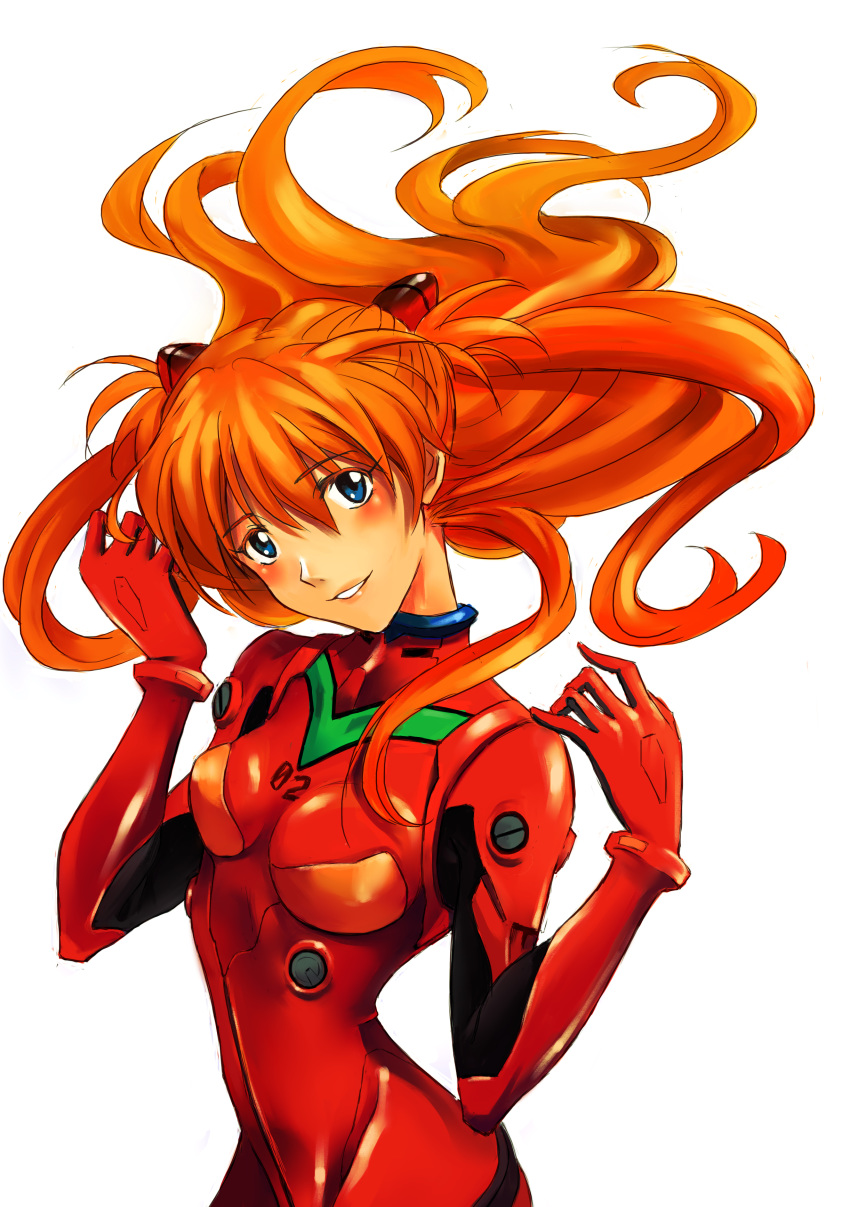 absurdres blue_eyes blush bodysuit breasts breasts_apart brown_hair eyebrows_visible_through_hair fcc floating_hair hair_between_eyes hair_ornament head_tilt highres long_hair looking_at_viewer neon_genesis_evangelion parted_lips plugsuit red_bodysuit simple_background small_breasts solo souryuu_asuka_langley upper_body very_long_hair white_background