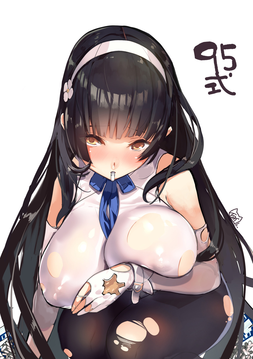 bangs black_hair black_legwear blunt_bangs breasts elbow_gloves flower girls_frontline gloves hair_flower hair_ornament hairband highres large_breasts long_hair looking_at_viewer pantyhose pill qbz-95_(girls_frontline) solo torn_clothes torn_legwear very_long_hair white_gloves white_hairband yamacchi yellow_eyes
