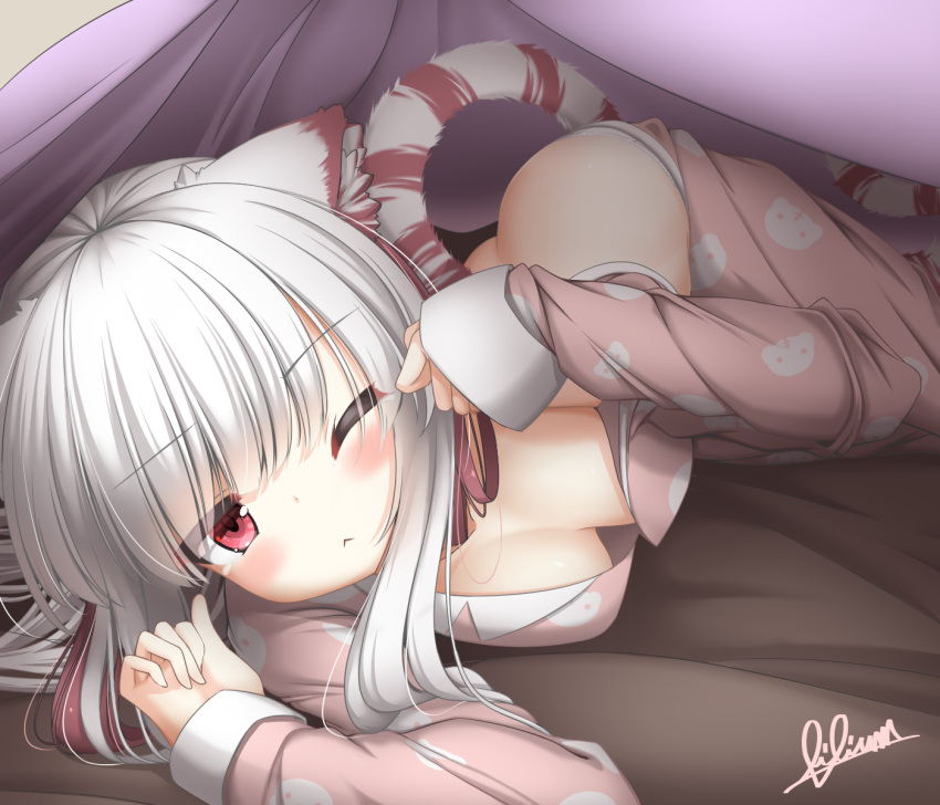 ;&lt; animal_ears artist_name ass bangs bed blanket blunt_bangs blush breasts cleavage closed_mouth eyebrows_visible_through_hair hair_down haku_(p&amp;d) highres lilium0235 long_hair long_sleeves looking_at_viewer lying medium_breasts multicolored_hair one_eye_closed pajamas panties puzzle_&amp;_dragons red_eyes red_hair signature sleeves_past_wrists solo tail tiger_ears tiger_tail two-tone_hair under_covers underwear white_hair white_panties