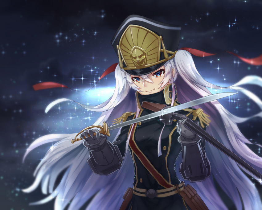altair_(re:creators) black_jacket blue_eyes cp_mizu floating_hair gun hair_between_eyes hair_ribbon hat highres holding holding_sword holding_weapon instrument jacket long_hair military military_hat military_uniform music night outdoors playing_instrument re:creators red_ribbon ribbon silver_hair smile solo sword twintails uniform upper_body very_long_hair weapon