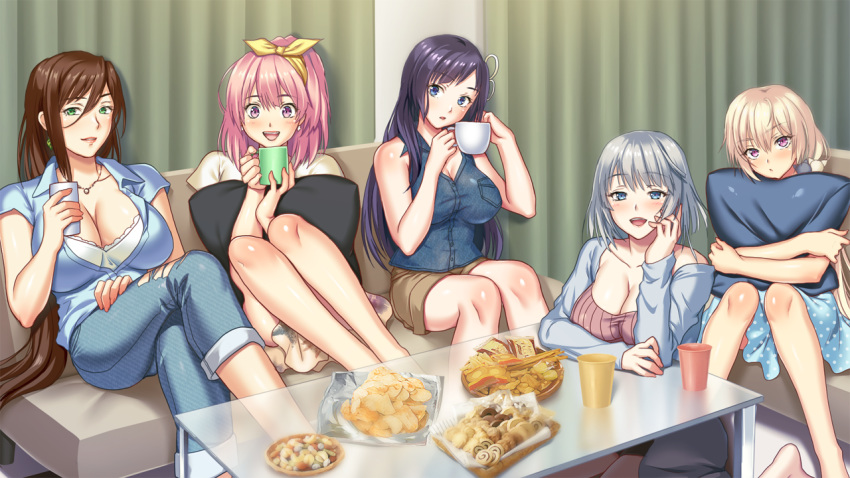5girls bare_arms blonde_hair blue_eyes blush breasts brown_hair chips cleavage closed_mouth couch cup curtains earrings food game_cg green_eyes grey_hair h_de_hajimaru_share_house happy highres holding indoors jewelry kagami_touka komatsuzaki_aya large_breasts legs legs_crossed legs_together long_hair looking_at_viewer mashiro_rina mochizuki_nozomu multiple_girls nanjou_sakura open_mouth original parted_lips pillow pillow_grab pink_eyes pink_hair ponytail purple_eyes purple_hair short_hair shorts silver_hair sitting sleeveless smile table thighs tougou_kazane twintails
