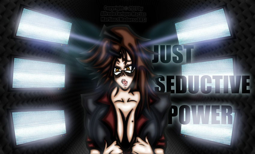 alfredo_enrique_marcias artist_name bad_anatomy bad_source breasts brown_hair cleavage collarbone engrish glasses highres large_breasts mature mole mole_on_breast monitor original ranguage self_upload solo tongue tongue_out upper_body watermark yellow_eyes