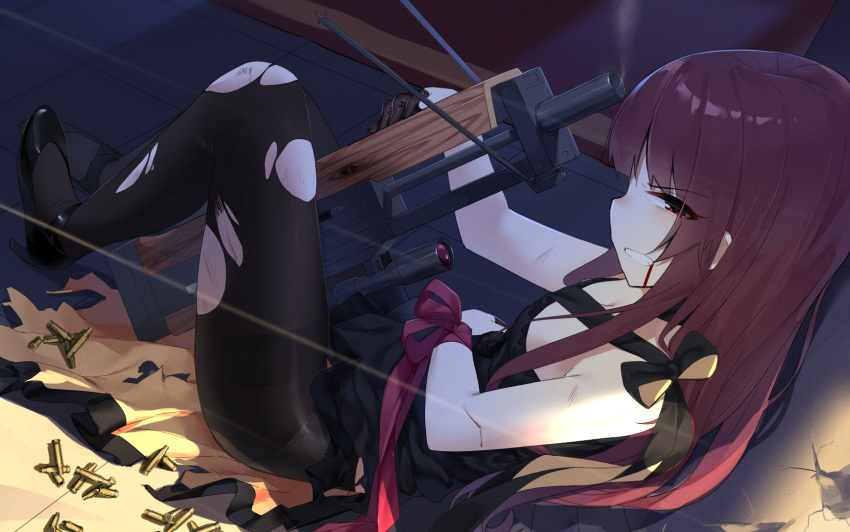 bangs bare_shoulders between_legs black_dress black_footwear black_gloves black_legwear blood blood_from_mouth breasts bullpup clenched_teeth commentary cuts dress eyebrows_visible_through_hair girls_frontline gloves gun half-closed_eye half_gloves high_heels highres injury long_hair looking_at_viewer looking_to_the_side noria object_namesake panties panties_under_pantyhose pantyhose profile red_eyes red_hair red_ribbon ribbon rifle scope shell_casing shoes sitting sleeveless sleeveless_dress small_breasts sniper_rifle solo teeth thighband_pantyhose tile_floor tiles torn_clothes torn_legwear underwear very_long_hair wa2000_(girls_frontline) walther walther_wa_2000 weapon