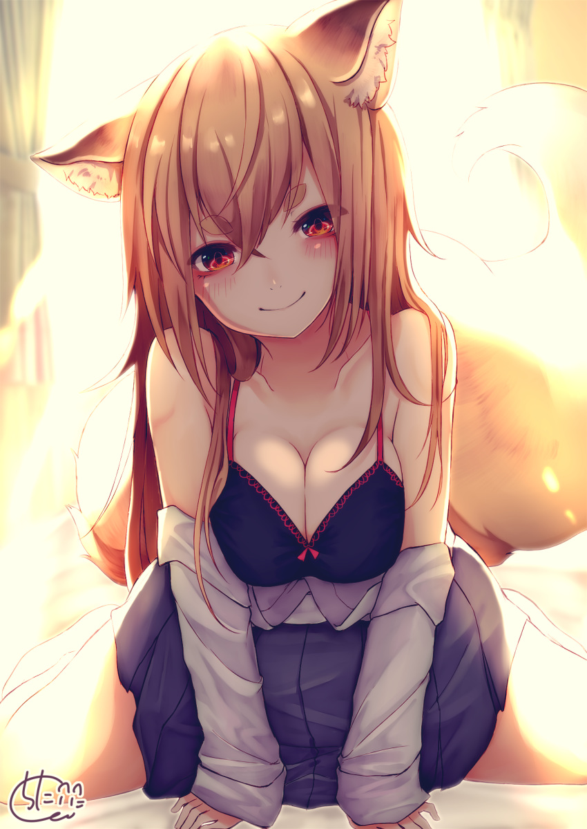 animal_ear_fluff animal_ears backlighting bangs bare_shoulders black_bra blue_skirt blush bow bow_bra bra breast_squeeze breasts chita_(ketchup) cleavage closed_mouth collarbone commentary curtains eyebrows_visible_through_hair fox_ears fox_girl fox_tail hair_between_eyes head_tilt highres large_breasts light_brown_hair long_hair long_sleeves off_shoulder original pleated_skirt red_eyes ribbon shirt short_eyebrows signature sitting skirt sleeves_past_wrists smile solo sunlight tail tail_ribbon thick_eyebrows underwear very_long_hair wariza white_shirt