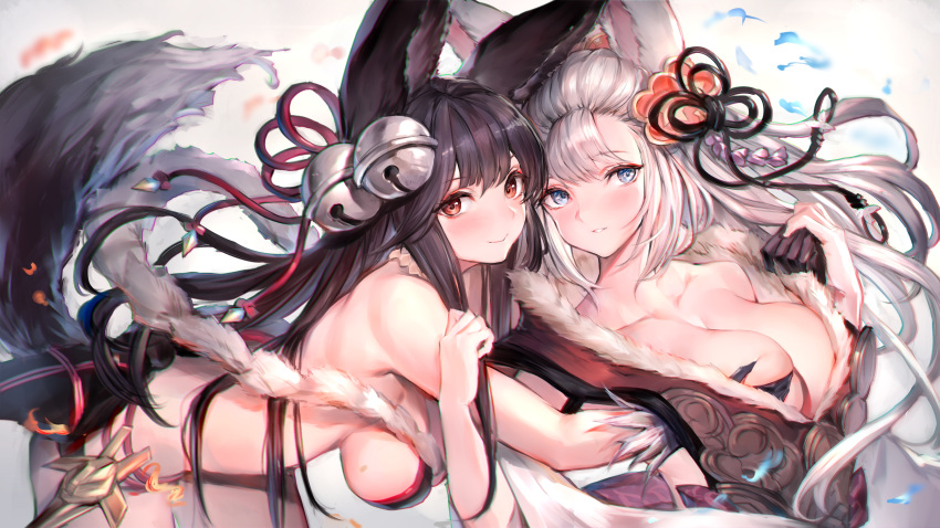 absurdres animal_ears bangs bare_shoulders bell black_gloves black_hair blue_eyes blush breast_grab breasts chromatic_aberration cleavage closed_mouth collarbone commentary_request detached_sleeves erune eyebrows_visible_through_hair fox_ears fox_tail fur_trim gloves grabbing granblue_fantasy hair_bell hair_between_eyes hair_ornament highres jingle_bell large_breasts lips long_hair looking_at_viewer multiple_girls oyu_(sijimisizimi) parted_lips red_eyes silver_hair simple_background smile socie_(granblue_fantasy) tail teeth upper_body very_long_hair wallpaper widescreen yuel_(granblue_fantasy) yuri