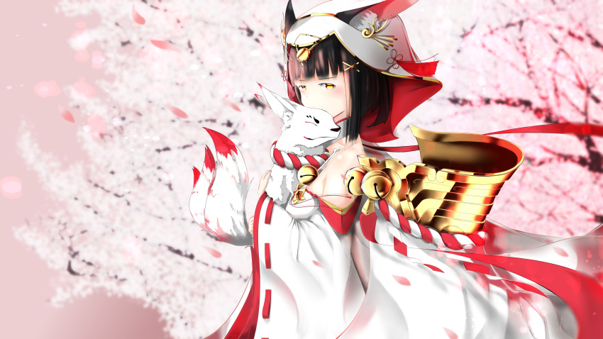 absurdres animal_ears azur_lane bare_shoulders black_hair blush breasts bride cherry_blossoms commentary_request e.k._(uryj3843) fox fox_ears highres holding japanese_clothes long_sleeves looking_at_viewer nagato_(azur_lane) petals short_hair small_breasts yellow_eyes