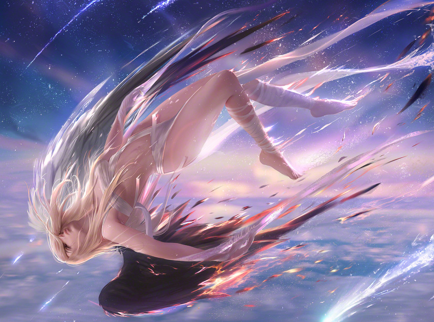 angel bandage blonde_hair clouds jpeg_artifacts long_hair original sakimichan signed sky stars watermark wings