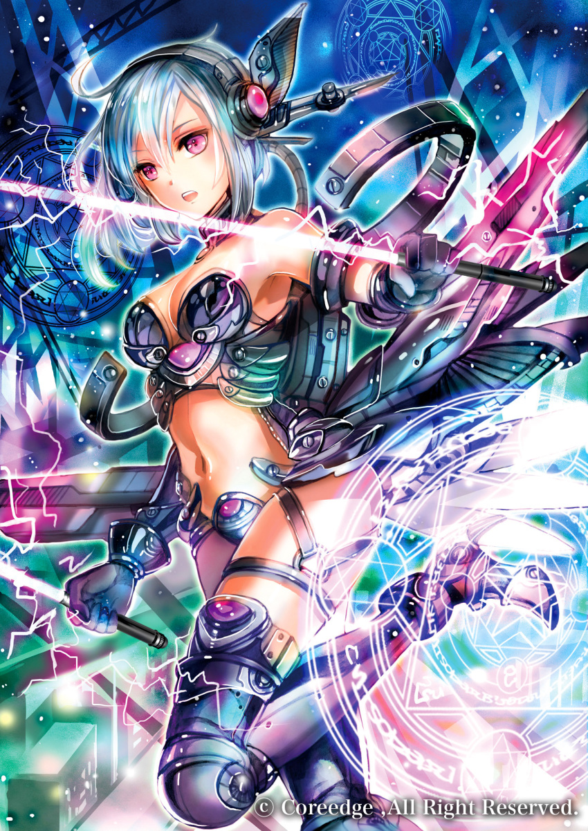 armor beam_saber bikini_armor blue_hair breasts choker cleavage dual_wielding gloves grey_gloves hair_between_eyes highres holding holding_sword holding_weapon leg_up magic_circle medium_breasts midriff navel open_mouth original pink_eyes rioka_(southern_blue_sky) short_hair solo standing standing_on_one_leg stomach strapless sword thigh_strap weapon