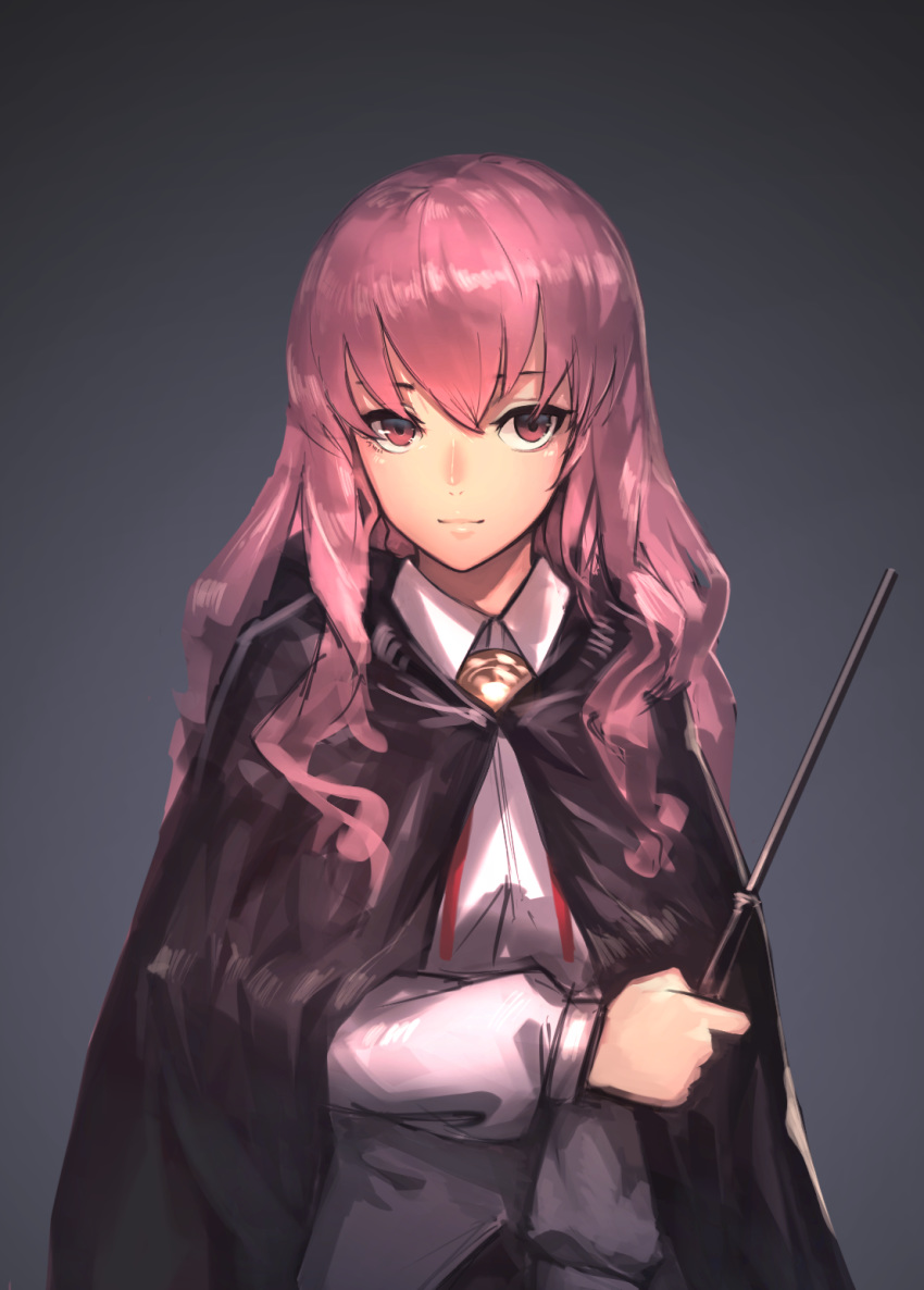 black_cloak dress_shirt fixro2n grey_background hair_between_eyes highres holding holding_wand long_hair looking_at_viewer louise_francoise_le_blanc_de_la_valliere neck_ribbon pink_hair red_eyes red_ribbon ribbon shiny shiny_hair shirt smile solo upper_body wand white_shirt zero_no_tsukaima