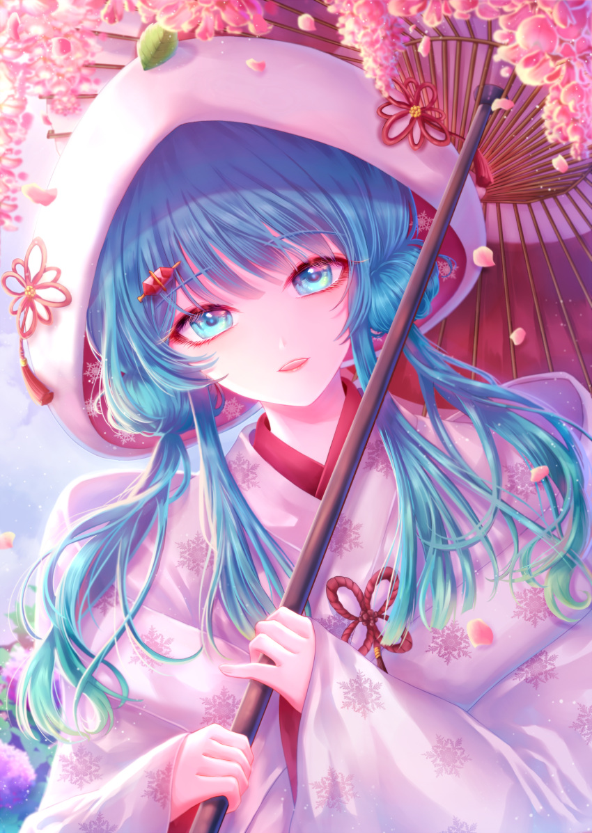 :d absurdres blue_eyes blue_hair dutch_angle esol_98 eyebrows_visible_through_hair hat hatsune_miku highres holding holding_umbrella japanese_clothes kimono long_hair looking_at_viewer open_mouth oriental_umbrella pink_kimono print_kimono red_umbrella smile snowflake_print solo umbrella upper_body vocaloid white_hat yuki_miku