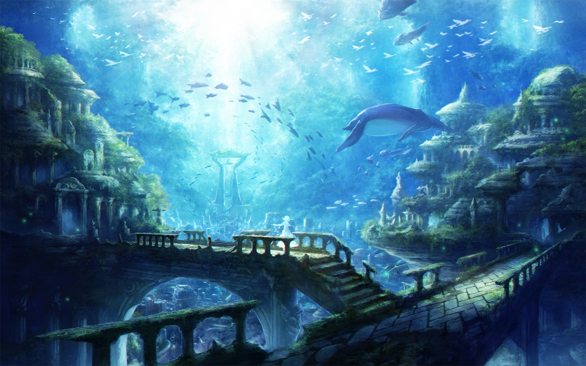 animal architecture bell bird chitose_rin cityscape fish highres landscape moss original pillar railing scenery stairs tree underwater whale