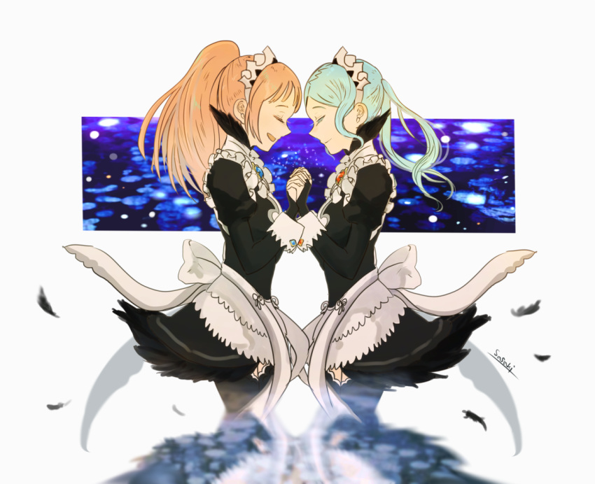 artist_name blue_hair bridal_gauntlets closed_eyes closed_mouth commentary feathers felicia_(fire_emblem_if) fire_emblem fire_emblem_if flora_(fire_emblem_if) from_side gem holding_hands juliet_sleeves long_hair long_sleeves maid maid_headdress multiple_girls open_mouth pink_hair ponytail puffy_sleeves sasaki_(dkenpisss) siblings sisters twintails