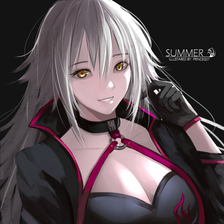 :d artist_name bangs bikini black_background black_bikini black_choker black_gloves black_jacket breasts choker cleavage collar commentary cropped_jacket english_commentary face fate/grand_order fate_(series) george_christian gloves hair_between_eyes hands_up highres jacket jeanne_d'arc_(alter_swimsuit_berserker) jeanne_d'arc_(fate)_(all) katana large_breasts long_hair looking_at_viewer o-ring o-ring_bikini o-ring_top open_mouth shrug_(clothing) silver_hair smile swimsuit sword weapon yellow_eyes
