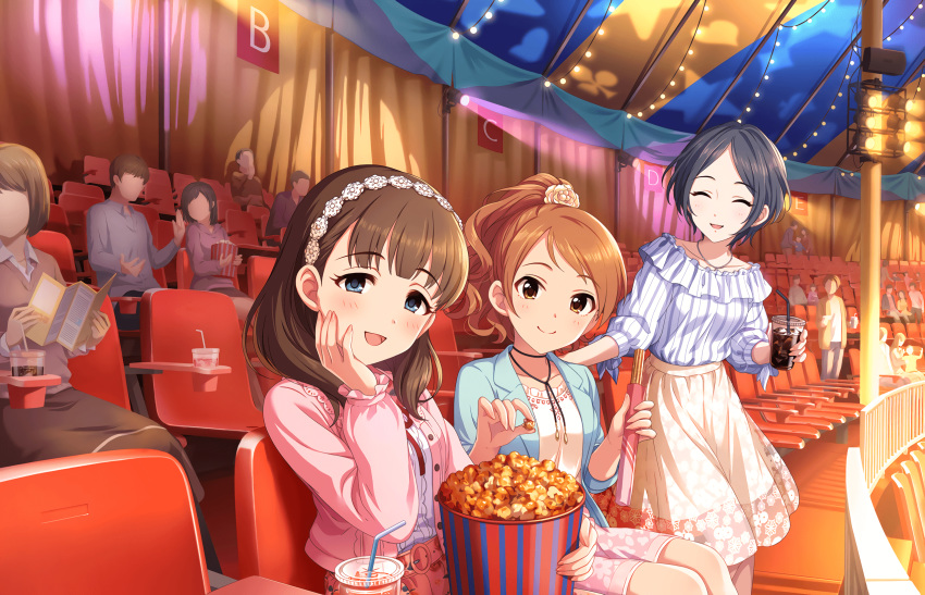 :d black_hair blue_eyes blush_stickers brown_eyes brown_hair circus closed_eyes clover diamond_(shape) drink flower food frills hair_flower hair_ornament hairband hand_on_own_cheek hayami_kanade heart highres houjou_karen idolmaster idolmaster_cinderella_girls idolmaster_cinderella_girls_starlight_stage jacket long_hair looking_at_viewer multiple_girls official_art open_mouth pantyhose people ponytail popcorn sakuma_mayu seat short_hair skirt smile stage_lights star