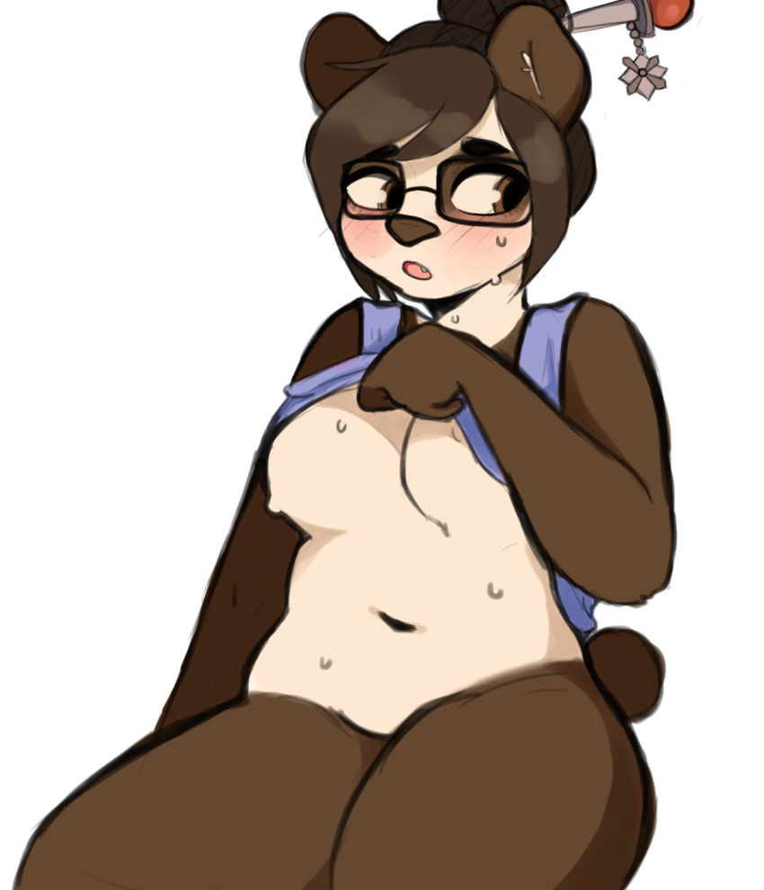 alternate_species anthro bear belly blizzard_entertainment blush breasts brown_eyes brown_hair clothed clothing clothing_lift embarrassed eyewear feijoa female furrification glasses hair hairpin mammal mei_(overwatch) navel overwatch panda partially_clothed shirt shirt_lift short_hair slightly_chubby solo sweat thick_thighs video_games
