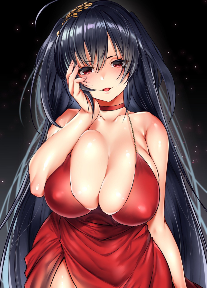 ahoge azur_lane bangs bare_shoulders black_hair blush breasts buta_tamako choker cleavage cocktail_dress collar collarbone commentary_request dress eyebrows_visible_through_hair hair_between_eyes hair_ornament hand_on_own_cheek highres huge_breasts long_hair looking_at_viewer open_mouth red_choker red_dress red_eyes solo taihou_(azur_lane) tongue very_long_hair
