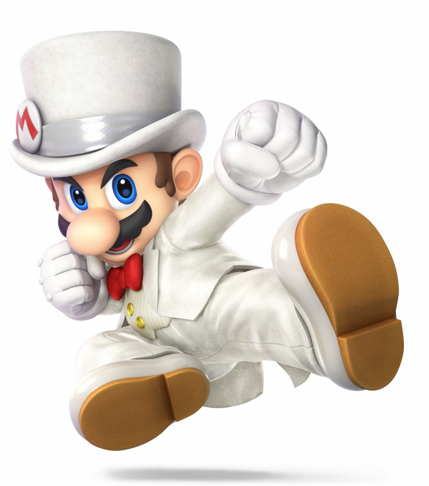 3d alternate_costume artist_request badge blazer blue_eyes bow bowtie brown_hair button_badge buttons facial_hair fine_fabric_emphasis full_body gloves hat highres jacket jumping long_sleeves looking_at_viewer male_focus mario mario_(series) mustache nose official_art open_mouth outstretched_arm pants punching red_neckwear serious shadow shoe_soles simple_background single_letter solo super_mario_bros. super_mario_odyssey super_smash_bros. super_smash_bros._ultimate toon top_hat tuxedo white_background white_footwear white_gloves white_hat white_jacket white_pants