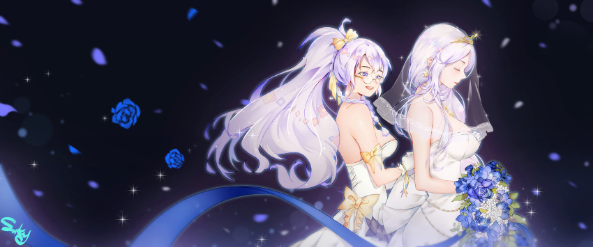 :d azur_lane backless_dress backless_outfit bare_back bare_shoulders belfast_(azur_lane) blue_eyes blue_flower blue_ribbon blue_rose bouquet bow breasts bridal_veil bride closed_eyes commentary_request dress edinburgh_(azur_lane) flower glasses gloves hair_bow highres large_breasts long_hair medium_breasts multiple_girls open_mouth petals ponytail ribbon rose round_eyewear shizi_suky side_braids silver_hair smile sparkle strapless strapless_dress tiara veil wedding_dress white_gloves yellow_bow yellow_ribbon