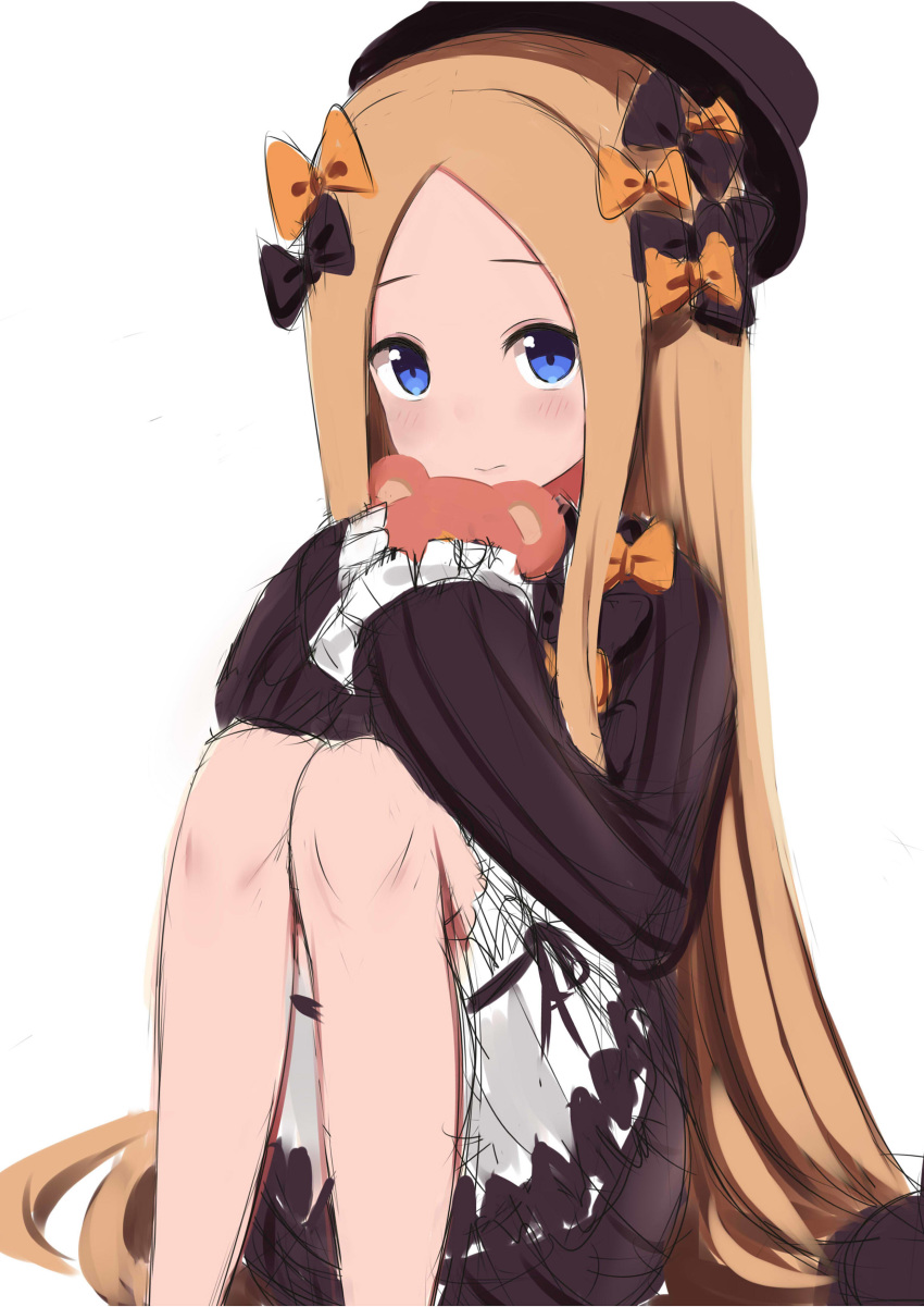 abigail_williams_(fate/grand_order) absurdres bangs black_bow black_dress black_hat blonde_hair bloomers blue_eyes blush bow bug butterfly closed_mouth commentary_request dress fate/grand_order fate_(series) forehead hair_bow haku_(pcts7547) hat head_tilt highres insect long_hair long_sleeves looking_at_viewer object_hug orange_bow parted_bangs simple_background sitting sketch sleeves_past_fingers sleeves_past_wrists solo stuffed_animal stuffed_toy teddy_bear underwear very_long_hair white_background white_bloomers