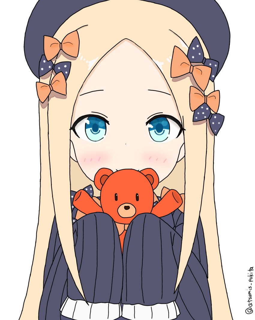 abigail_williams_(fate/grand_order) absurdres atsumisu bangs black_bow black_dress black_hat blonde_hair blue_eyes blush bow closed_mouth commentary_request dress fate/grand_order fate_(series) forehead hair_bow hat highres holding holding_stuffed_animal long_hair long_sleeves orange_bow parted_bangs polka_dot polka_dot_bow simple_background sleeves_past_fingers sleeves_past_wrists smile solo stuffed_animal stuffed_toy teddy_bear twitter_username very_long_hair white_background