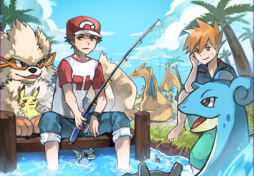 :/ absurdres alolan_exeggutor arcanine barefoot black_shirt blue_pants blue_sky brown_eyes brown_hair charizard cloud commentary_request day dratini exeggutor fishing fishing_rod gen_1_pokemon grass hand_on_own_cheek highres huge_filesize knees_up lapras looking_at_viewer male_focus meru_(merumumu) multiple_boys ookido_shigeru outdoors pants pikachu pokemon pokemon_(creature) pokemon_(game) pokemon_sm red_(pokemon) shirt sitting sky soaking_feet sweat t-shirt wristband