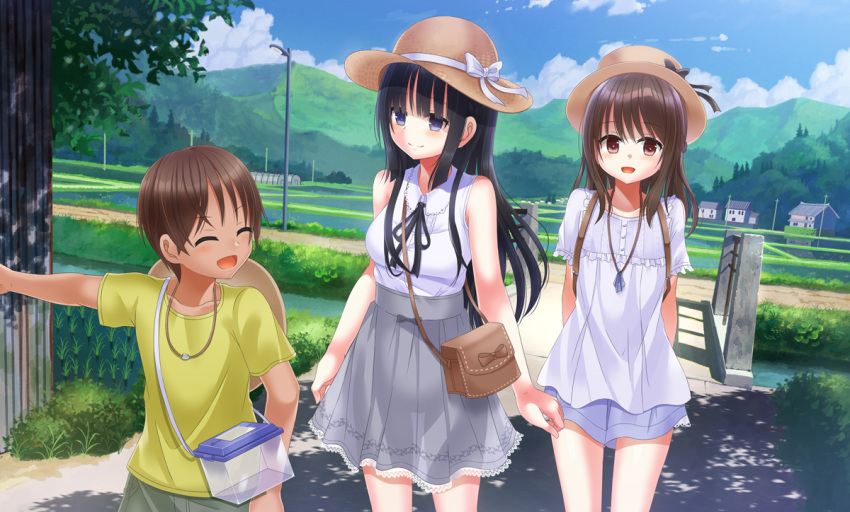 2girls bag black_hair blue_sky blush brown_eyes brown_hair building character_request closed_eyes cloud day dress eyebrows_visible_through_hair field hat insect_cage jewelry looking_at_another looking_to_the_side mountainous_horizon multiple_girls necklace open_mouth original outdoors pointing purple_eyes ribbon shirt shitou_(4h) shizuki_shiori shizuki_yuri short_hair skirt sky smile standing sun_hat white_dress white_shirt