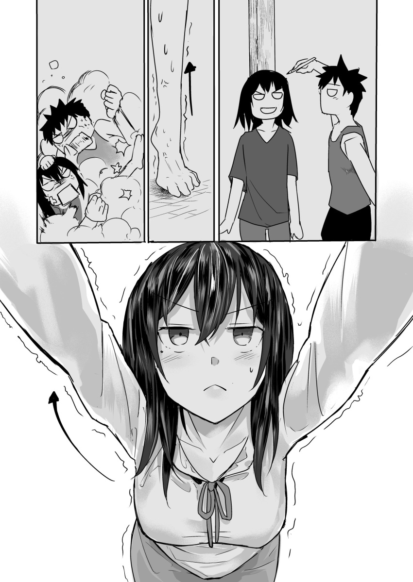 1girl absurdres araido_kagiri comic flashback fujimino_daisuke greyscale height_mark highres hino_matsuri_(osananajimi_ni_najimitai) measuring monochrome original osananajimi_ni_najimitai tiptoes trembling