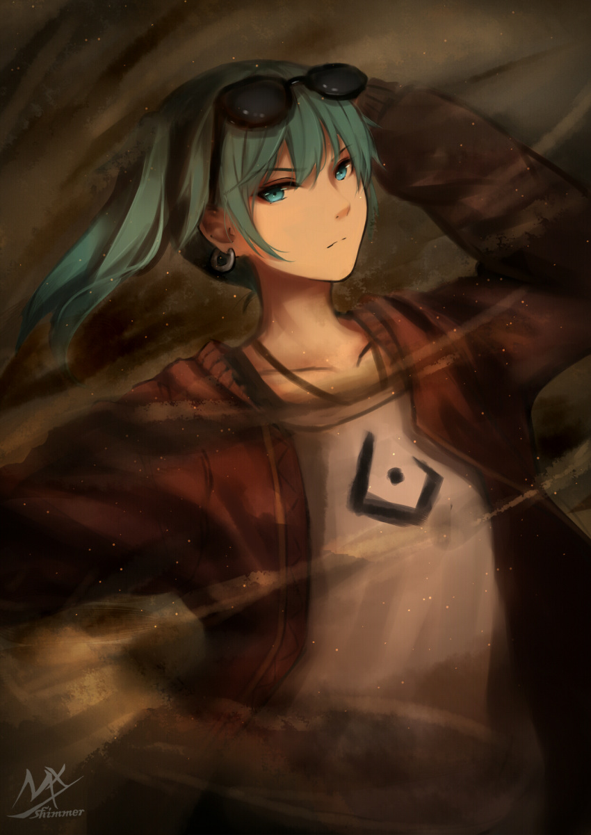 arm_up artist_name black-framed_eyewear closed_mouth collarbone commentary_request earrings eyewear_on_head glasses green_eyes green_hair hatsune_miku highres jacket jewelry long_hair long_sleeves looking_at_viewer open_clothes open_jacket print_shirt red_jacket shimmer shirt signature solo suna_no_wakusei_(vocaloid) twintails vocaloid white_shirt