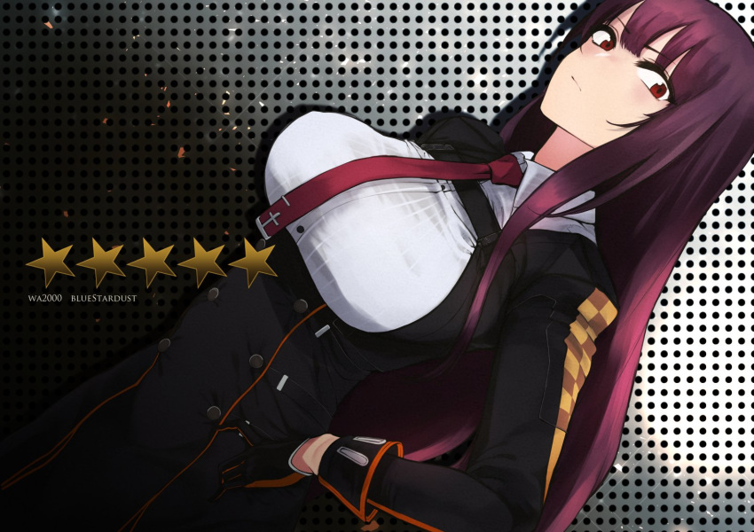 bangs black_legwear black_skirt blazer blush breasts character_name closed_mouth collared_shirt commentary_request eyebrows_visible_through_hair framed_breasts girls_frontline gloves hair_ribbon half_updo hand_on_hip high-waist_skirt highres jacket kojima_(blue_stardust) large_breasts long_hair looking_at_viewer necktie one_side_up pantyhose purple_hair red_eyes red_neckwear ribbon shirt skirt solo very_long_hair wa2000_(girls_frontline) white_shirt