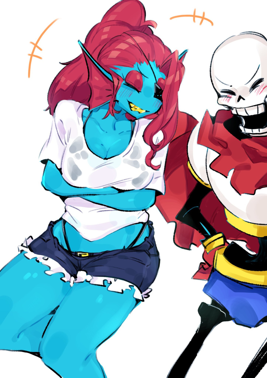 anthro blue_skin breasts cleavage clothed clothing denim_shorts eye_patch eyes_closed eyewear fangs fish grin hair marine nuba_ball ponytail red_eyeshadow red_hair shorts simple_background sitting smile undertale undyne video_games white_background white_shirt