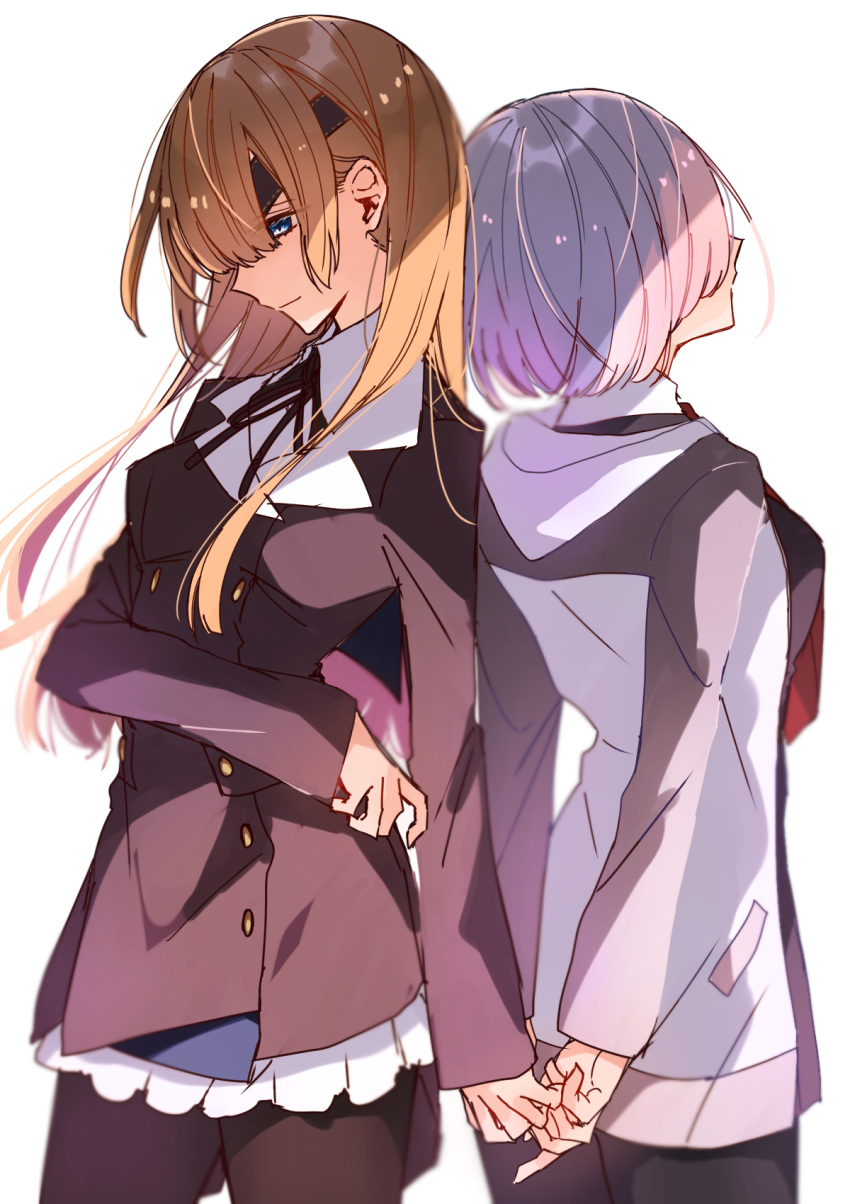 back-to-back black_dress black_jacket black_legwear black_ribbon blue_eyes brown_hair dress eyepatch fate/grand_order fate_(series) floating_hair highres holding_hands jacket long_hair looking_down mash_kyrielight miniskirt multiple_girls neck_ribbon necktie open_clothes open_jacket ophelia_phamrsolone pantyhose pink_hair red_neckwear ribbon short_dress short_hair sketch skirt smile wasa_(pixiv29582664) white_background