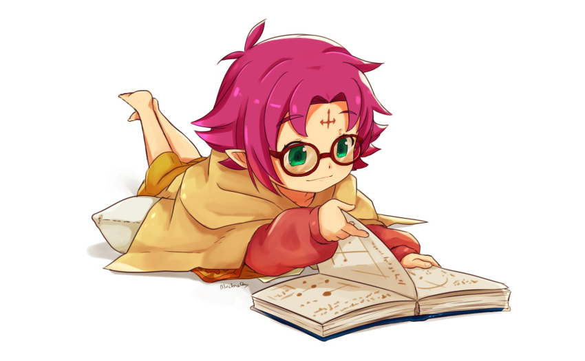 artist_name blackma_(pagus0012) book closed_mouth commentary_request fa facial_mark fire_emblem fire_emblem:_fuuin_no_tsurugi fire_emblem_heroes forehead_mark glasses green_eyes highres long_sleeves lying mamkute on_stomach open_book pointy_ears purple_hair short_hair simple_background solo white_background