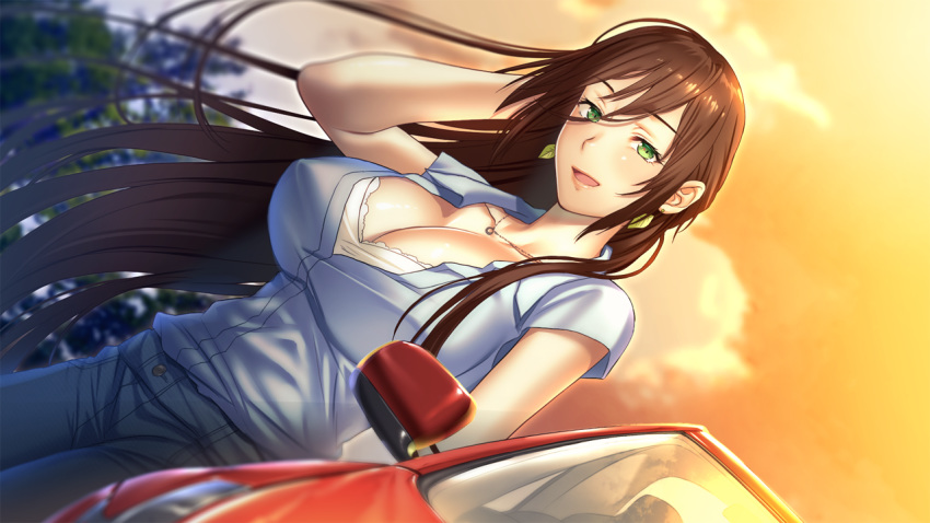 1girl blue_shirt blush breasts brown_hair car cleavage clouds dutch_angle earrings evening floating_hair game_cg green_eyes ground_vehicle h_de_hajimaru_share_house highres jewelry large_breasts legs long_hair looking_at_viewer mochizuki_nozomu motor_vehicle nanjou_sakura open_mouth original outdoors pants shirt sky smile solo standing thighs vehicle wind