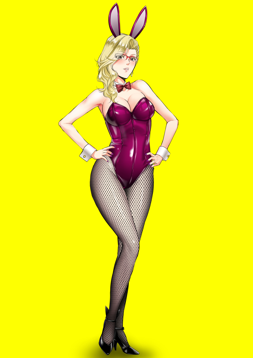 absurdres animal_ears ballroom_e_youkoso black_footwear blonde_hair bow bowtie breasts bunny_ears bunnysuit cleavage closed_mouth detached_collar earrings eyebrows_visible_through_hair fake_animal_ears fishnet_legwear fishnet_pantyhose fishnets full_body glasses hair_over_one_eye hair_over_shoulder hands_on_hips high_heels highres hoop_earrings hyoudou_marisa jewelry large_breasts leotard lips long_hair looking_at_viewer nail_polish over-rim_eyewear pantyhose purple_leotard purple_nails red-framed_eyewear red_neckwear semi-rimless_eyewear shadow simple_background solo standing strapless strapless_leotard takano_yuki_(mangaka) wrist_cuffs yellow_background yellow_eyes