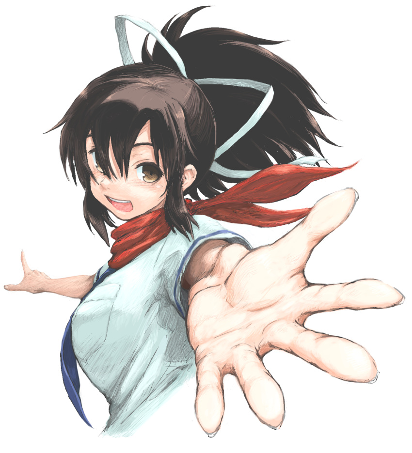 1girl areolae asuka_(senran_kagura) black_hair blush breasts breasts_outside brown_eyes censored fingerless_gloves gloves hair_ribbon large_breasts looking_at_viewer nipples open_mouth ponytail red_scarf ribbon scarf senran_kagura short_ponytail short_sleeves smile sweater_vest white_ribbon