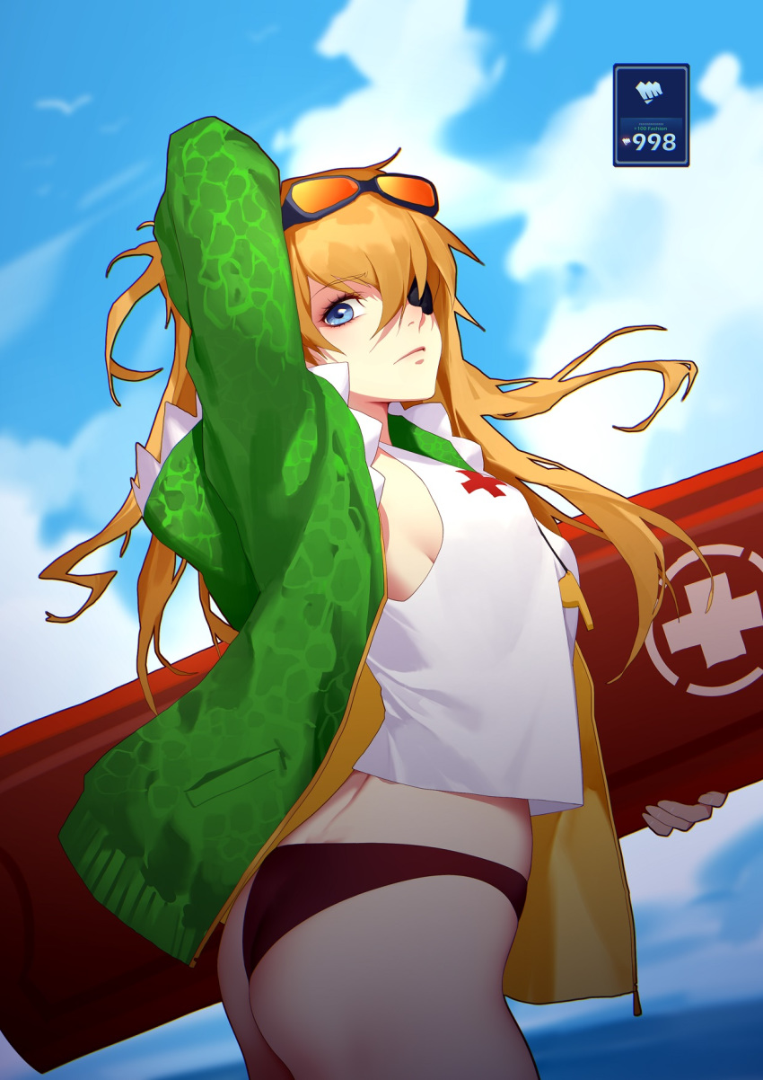 arm_up ass bikini_bottom blue_eyes blue_sky blurry blurry_background closed_mouth cloud day daye_bie_qia_lian evangelion:_3.0_you_can_(not)_redo eyebrows_visible_through_hair eyepatch eyewear_on_head green_jacket highres holding jacket league_of_legends long_hair looking_at_viewer neon_genesis_evangelion open_clothes open_jacket orange_hair profile rebuild_of_evangelion rescue_board shikinami_asuka_langley sky solo souryuu_asuka_langley standing sunglasses water whistle