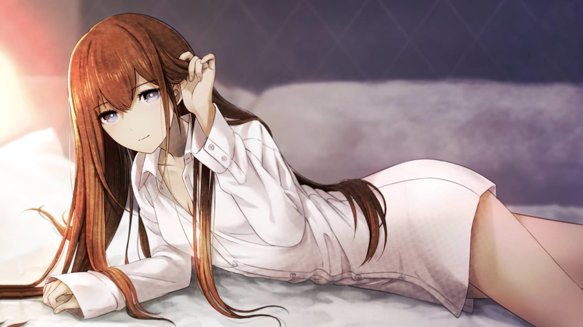 adjusting_hair bed_sheet blue_eyes breasts brown_hair cleavage collared_shirt cowboy_shot highres huke long_hair long_sleeves looking_at_viewer lying makise_kurisu official_art on_stomach shirt small_breasts smile solo steins;gate straight_hair white_shirt