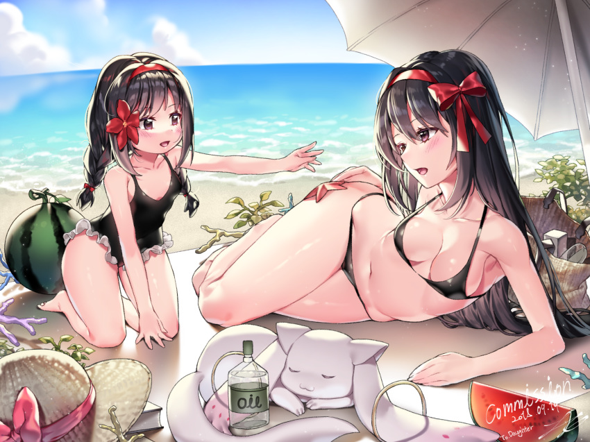 :d akemi_homura bangs bare_arms bare_legs bare_shoulders barefoot beach beach_umbrella bikini black_bikini black_hair black_swimsuit blue_sky blurry blurry_background blush bottle bow breasts casual_one-piece_swimsuit check_commentary cloud commentary_request commission dated day depth_of_field dual_persona english eye_contact eyebrows_visible_through_hair flower food frilled_swimsuit frills fruit hair_between_eyes hair_bow hair_flower hair_ornament hairband hat hat_bow hat_removed hat_ribbon headwear_removed highres horizon ia_(ias1010) kyubey long_hair looking_at_another mahou_shoujo_madoka_magica medium_breasts multiple_girls ocean one-piece_swimsuit open_mouth outdoors purple_eyes red_bow red_flower red_hairband red_ribbon ribbon sand signature sky small_breasts smile starfish sun_hat swimsuit umbrella very_long_hair water watermelon white_umbrella