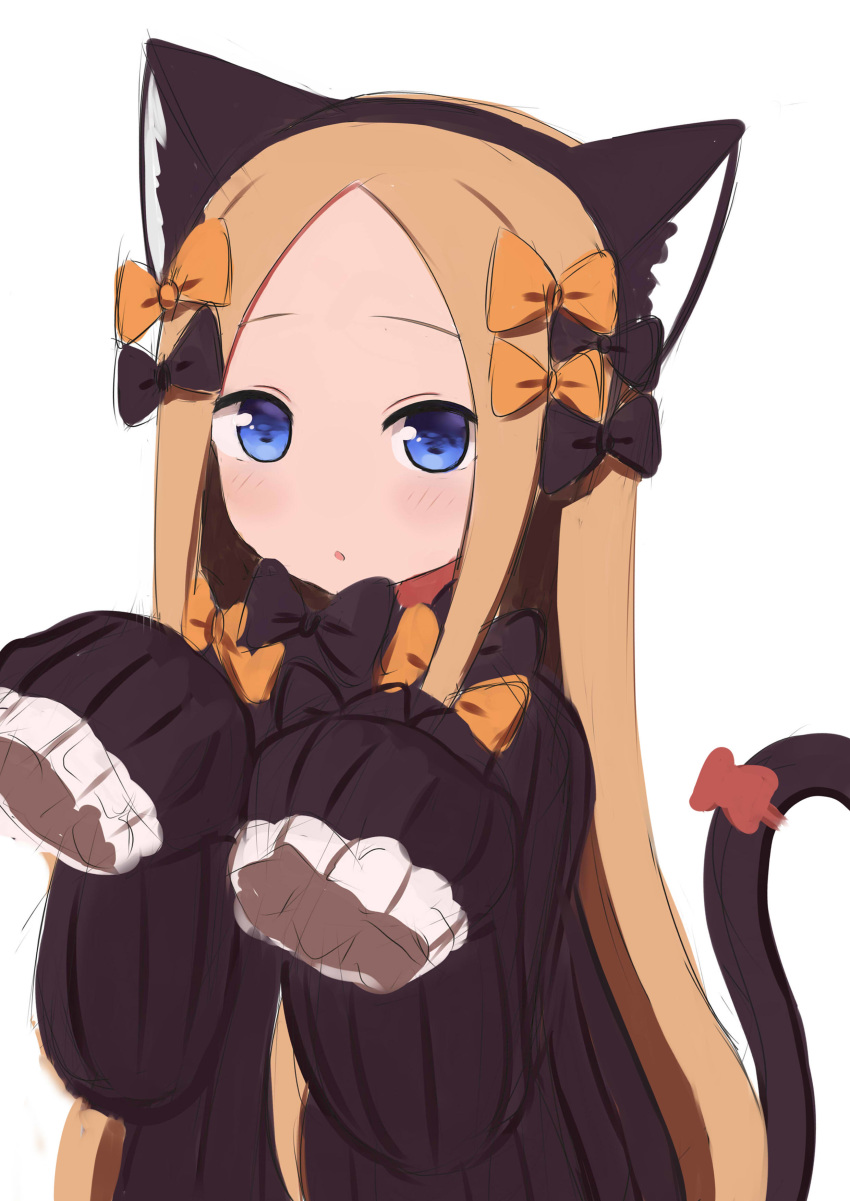 :o abigail_williams_(fate/grand_order) absurdres animal_ears bangs black_bow black_dress blonde_hair blue_eyes blush bow cat_ears cat_girl cat_tail commentary_request dress fate/grand_order fate_(series) forehead hair_bow haku_(pcts7547) hands_up highres long_hair long_sleeves looking_at_viewer orange_bow parted_bangs parted_lips red_bow simple_background sketch sleeves_past_fingers sleeves_past_wrists solo tail tail_bow tail_raised very_long_hair white_background