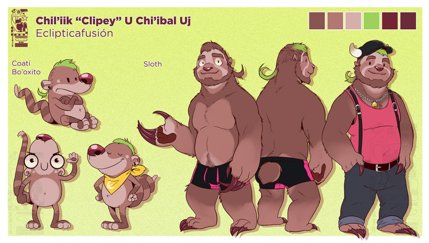 2018 3_toes 4_fingers angry annoyed anthro bandanna barefoot beard bell belly belt biped black_eyes border boxers_(clothing) brown_claws brown_fur brown_hair brown_markings brown_nose brown_pawpads brown_tail character_name claws clipey_(eclipsewolf) cloted clothed clothing coati color_swatch countershade_face countershade_torso countershading crossed_arms crossed_legs curled_tail digital_drawing_(artwork) digital_media_(artwork) ear_piercing eclipsewolf english_text eye_markings eyes_closed facial_hair facial_markings featureless_crotch fist five_o'clock_shadow front_view full-length_portrait fur furgonomics gloves_(marking) green_background green_hair hair handpaw hands_in_pockets hands_on_hips hat horn jeans jewelry lighting long_claws looking_at_viewer male mammal mane_hair markings model_sheet multicolored_fur multicolored_hair multiple_angles multiple_poses musclegut muscular muscular_male muzzle_(marking) naughty_face navel necklace nude overweight overweight_male pants pawpads paws pecs piercing pilosan portrait pose procyonid raised_arm rattail rear_view ringtail shadow shirt short_tail side_view simple_background sitting sloth smile smirk smug snout socks_(marking) solo species_name standing straps suspenders tail_button_bottoms tail_clothing tan_countershading tan_fur tan_tail tank_top text textured_background three-toed_sloth toe_claws toeless_(marking) toes toony topless two_tone_fur two_tone_hair two_tone_tail underwear watermark white_border white_horn x_navel
