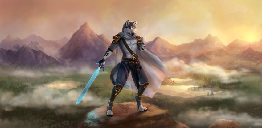 2018 4_toes 5_fingers anthro canine clothed clothing day detailed_background digital_media_(artwork) holding_object holding_weapon male mammal outside sky solo standing toes weapon wolf wolnir