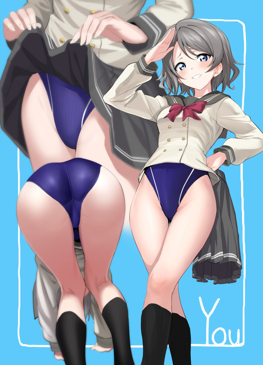 absurdres ass black_legwear blue_background blue_eyes blue_swimsuit breasts brown_hair commentary_request competition_swimsuit groin highres kneepits legs looking_at_viewer love_live! love_live!_sunshine!! multiple_views one-piece_swimsuit pleated_skirt salute school_uniform serafuku shiny shiny_hair shiny_skin short_hair skirt skirt_lift skirt_removed smile socks standing swimsuit swimsuit_under_clothes thighs ulrich_(tagaragakuin) uranohoshi_school_uniform watanabe_you