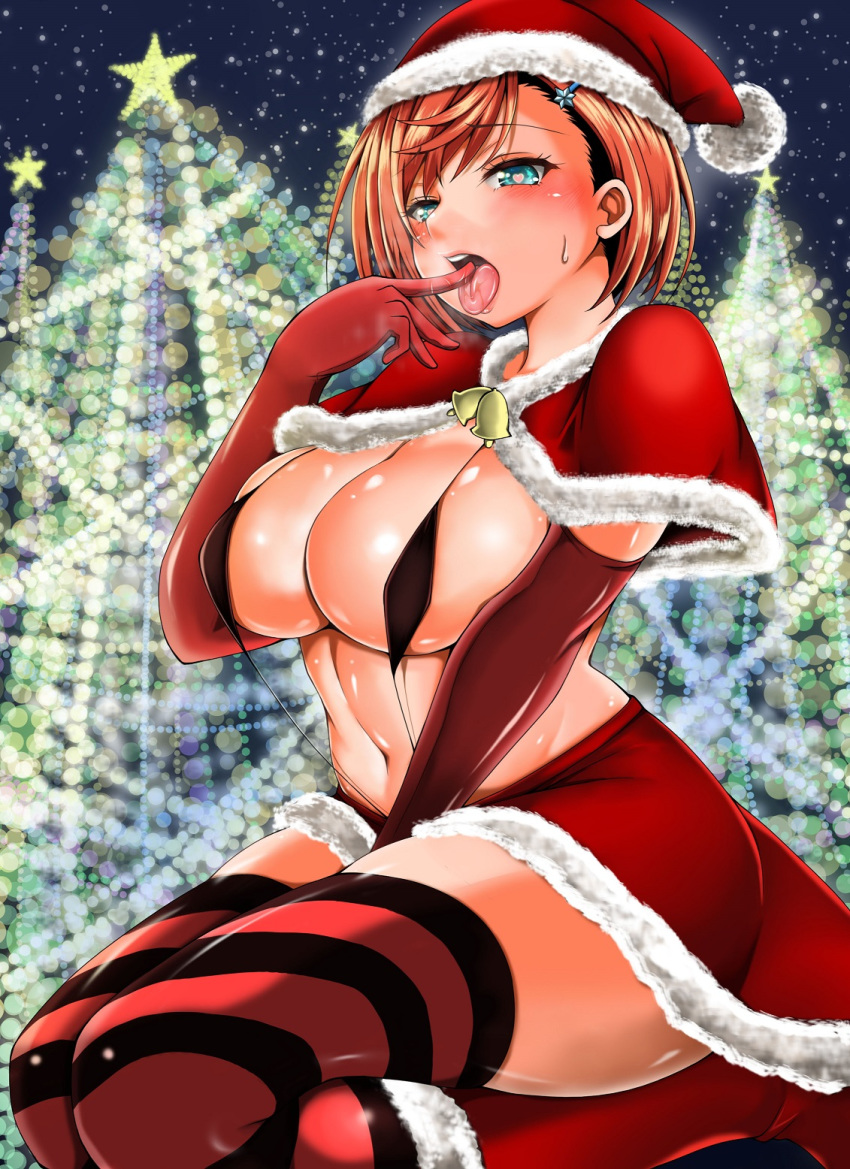 adahcm bangs bell between_legs black_swimsuit blue_eyes blush boots breasts capelet christmas christmas_lights christmas_tree elbow_gloves eyebrows_visible_through_hair finger_in_mouth fur_trim gloves hair_ornament hairclip hand_between_legs hat heart heart-shaped_pupils highres large_breasts looking_at_viewer miniskirt miyazaki_chisaki navel night night_sky orange_hair outdoors red_capelet red_footwear red_gloves red_legwear red_skirt revealing_clothes saliva santa_hat seiza shiny shiny_skin sitting skirt sky slingshot_swimsuit solo star striped striped_legwear sweatdrop swept_bangs swimsuit swimsuit_under_clothes symbol-shaped_pupils thighhighs thighs yuragisou_no_yuuna-san