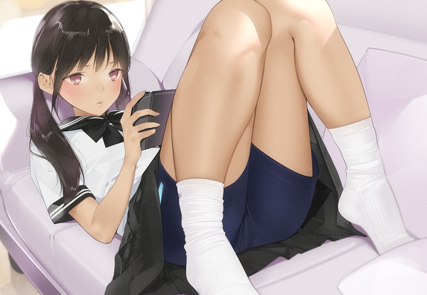 ama_mitsuki bike_shorts black_bow black_hair black_neckwear black_sailor_collar black_skirt blush bow closed_mouth commentary couch dated indoors kneehighs knees_together_feet_apart knees_up lips long_hair lying nintendo_switch no_shoes on_back on_couch original pillow pink_lips playing_games purple_eyes revision sailor_collar school_uniform serafuku shiny shiny_hair shirt short_sleeves shorts shorts_under_skirt signature skirt sleeve_cuffs socks solo twintails upskirt white_legwear white_shirt