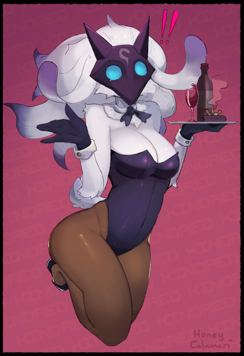 alcohol anthro beverage breasts bunny_costume caprine cigarette clothed clothing costume female goat honeycalamari kindred_(disambiguation) kindred_(lol) lamb_(lol) league_of_legends mammal mask no_pupils riot_games solo video_games wide_hips wine