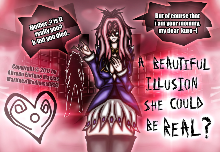 alfredo_enrique_marcias artist_name bad_anatomy bad_source breasts cleavage engrish evil_grin evil_smile grin heart highres large_breasts long_hair mature miniskirt mother_and_daughter multiple_girls original pink_hair ranguage red_eyes self_upload shirt silhouette skirt smile speech_bubble thighhighs watermark