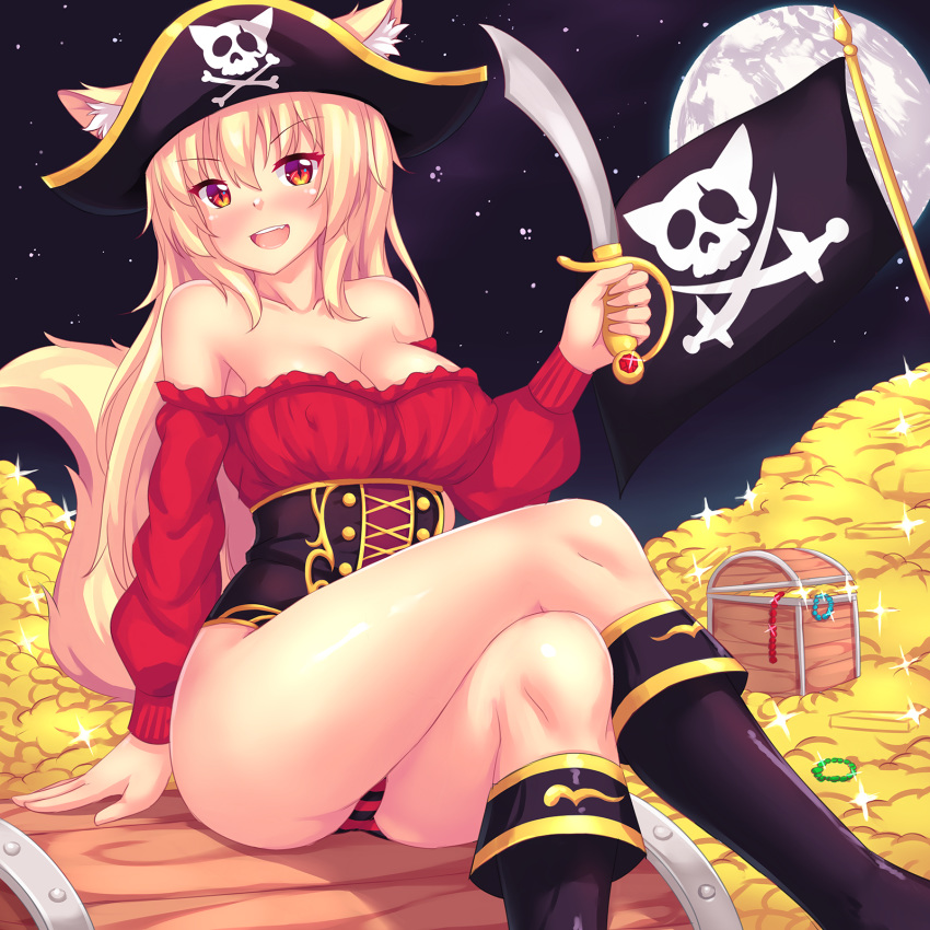 animal_ears bad_id bad_pixiv_id bare_shoulders blonde_hair blush boots cat_ears cat_tail collarbone commentary corset crossed_legs cutlass_(sword) english_commentary eyebrows_visible_through_hair fast-runner-2024 frills gold hat highres long_hair looking_at_viewer no_pants open_mouth original panties pantyshot pantyshot_(sitting) pirate_hat red_eyes sitting skull_and_crossbones sky slit_pupils solo star_(sky) starry_sky strapless striped striped_panties sword tail tiffy treasure_chest underwear weapon
