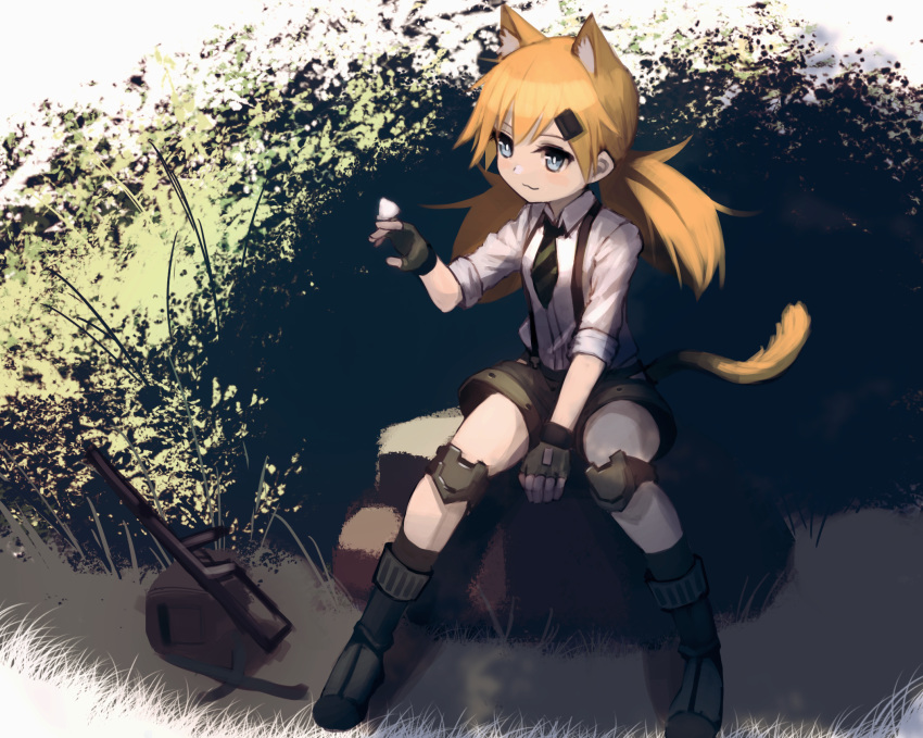 :3 animal_ears bangs black_footwear black_gloves black_legwear black_neckwear blonde_hair blue_eyes boots bug butterfly butterfly_on_hand cat_ears cat_tail collared_shirt commentary_request fingerless_gloves full_body girls_frontline gloves grass gun hair_ornament hairclip hara_shoutarou highres idw_(girls_frontline) insect knee_pads long_hair looking_to_the_side low_twintails necktie rock shirt shorts sitting sleeves_rolled_up smile socks solo submachine_gun suspender_shorts suspenders tail twintails weapon white_shirt wing_collar