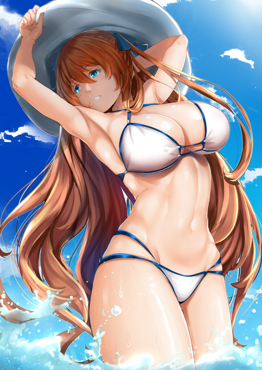 armpits arms_up bangs bikini blue_eyes blue_ribbon blue_sky brown_hair chiyo_goya cloud commentary cowboy_shot day english_commentary eyebrows_visible_through_hair girls_frontline hair_between_eyes hair_ribbon hand_on_headwear hat head_tilt highres long_hair looking_at_viewer looking_to_the_side m1903_springfield_(girls_frontline) navel outdoors parted_lips ribbon sky solo standing swimsuit two_side_up wading water white_bikini white_hat